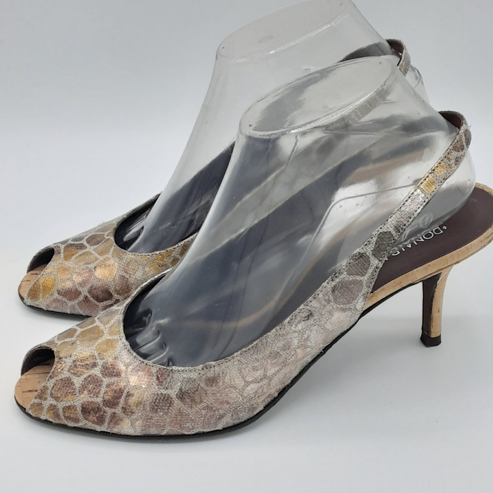 Donald J Pliner Leather Snakeskin Print Metallic Slingback Pump.